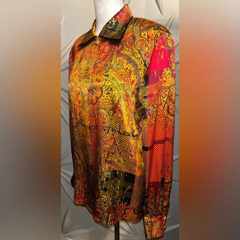 EUC Louis Feraud SZ 4 gold/red/black multicolored silk paisley print blouse - Picture 9 of 12
